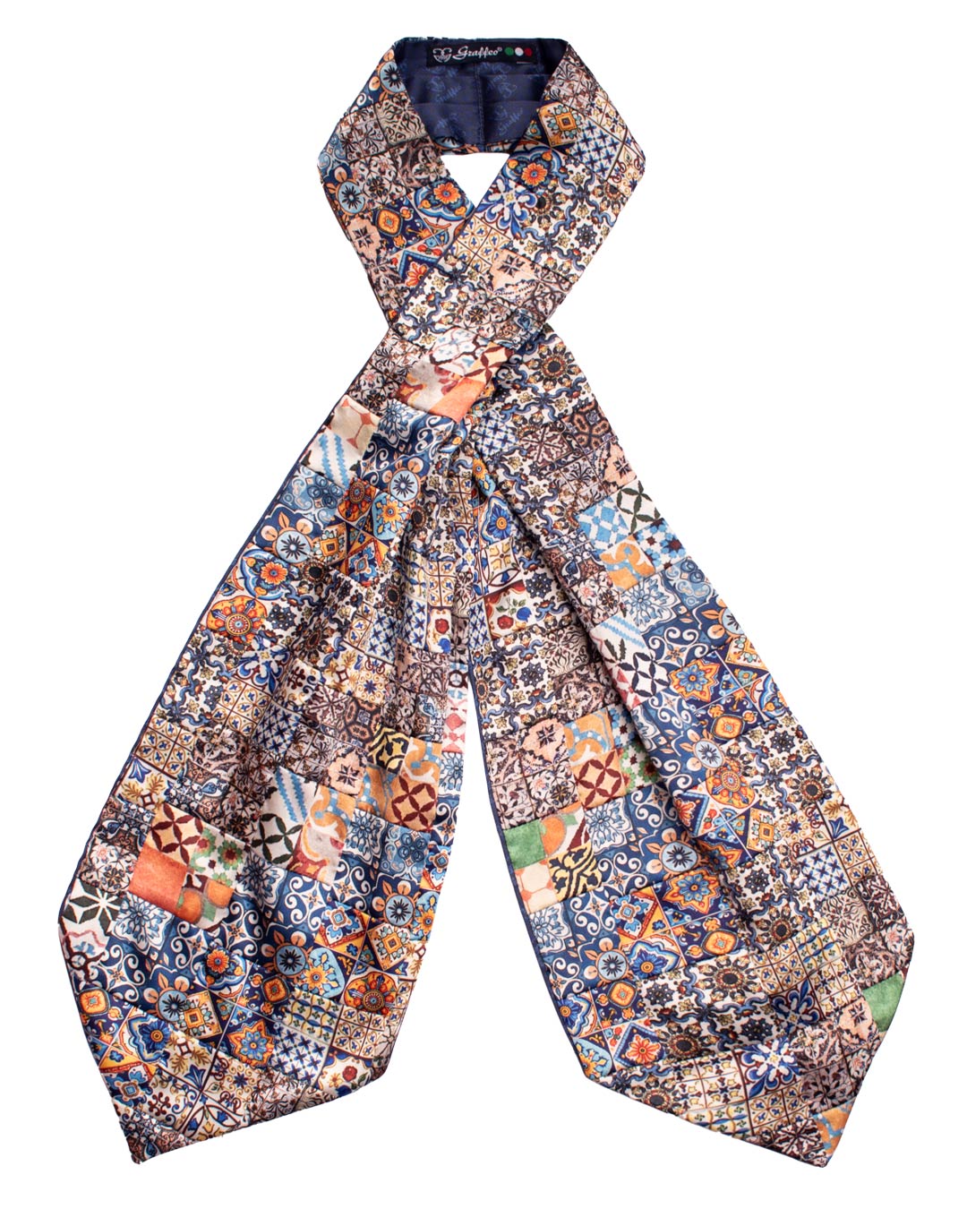 Ascot Siciliano Stampa di Raso Vintage Patchwork con Maioliche Multicolor AP116 made in Italy Graffeo Cravatte Intera