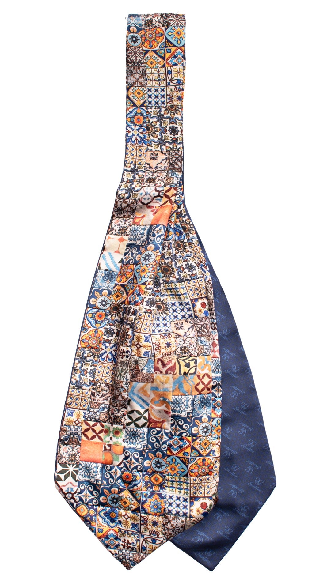 Ascot Siciliano Stampa di Raso Vintage Patchwork con Maioliche Multicolor AP116 made in Italy Graffeo Cravatte Retro