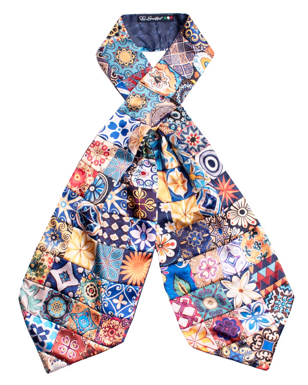 Ascot Siciliano Stampa di Raso Vintage Patchwork con Maioliche Multicolor AP121 Made in Italy Graffeo Cravatte Intera