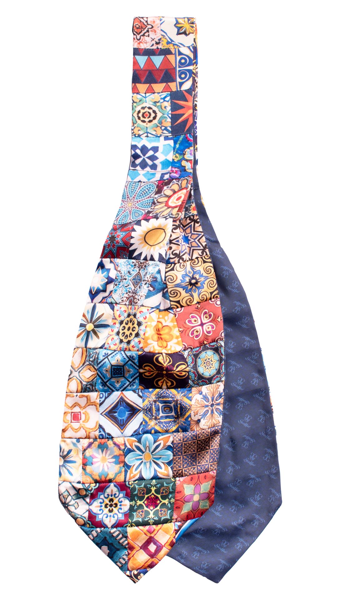 Ascot Siciliano Stampa di Raso Vintage Patchwork con Maioliche Multicolor AP121 Made in Italy Graffeo Cravatte Retro