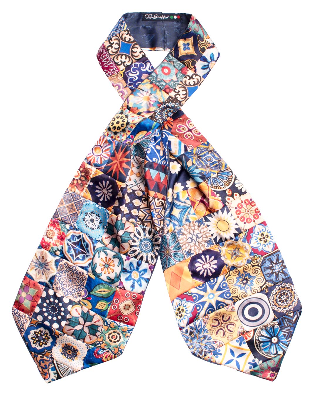 Ascot Siciliano Stampa di Raso Vintage Patchwork con Maioliche Multicolor AP123 Made in Italy Graffeo Cravatte Intera