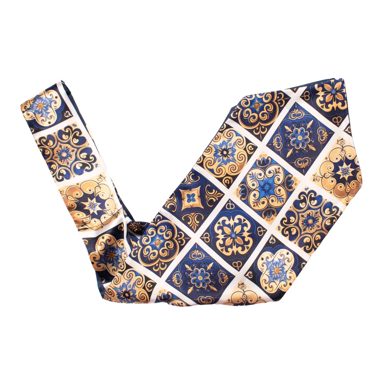 Ascot Siciliano Stampa di Raso con Maioliche Giallo Oro Blu Bluette AS244 Made in Italy Graffeo Cravatte V