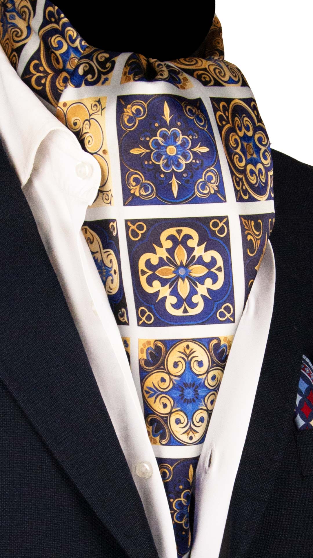 Ascot Siciliano Stampa di Raso con Maioliche Giallo Oro Blu Bluette AS244 Made in Italy Graffeo Cravatte