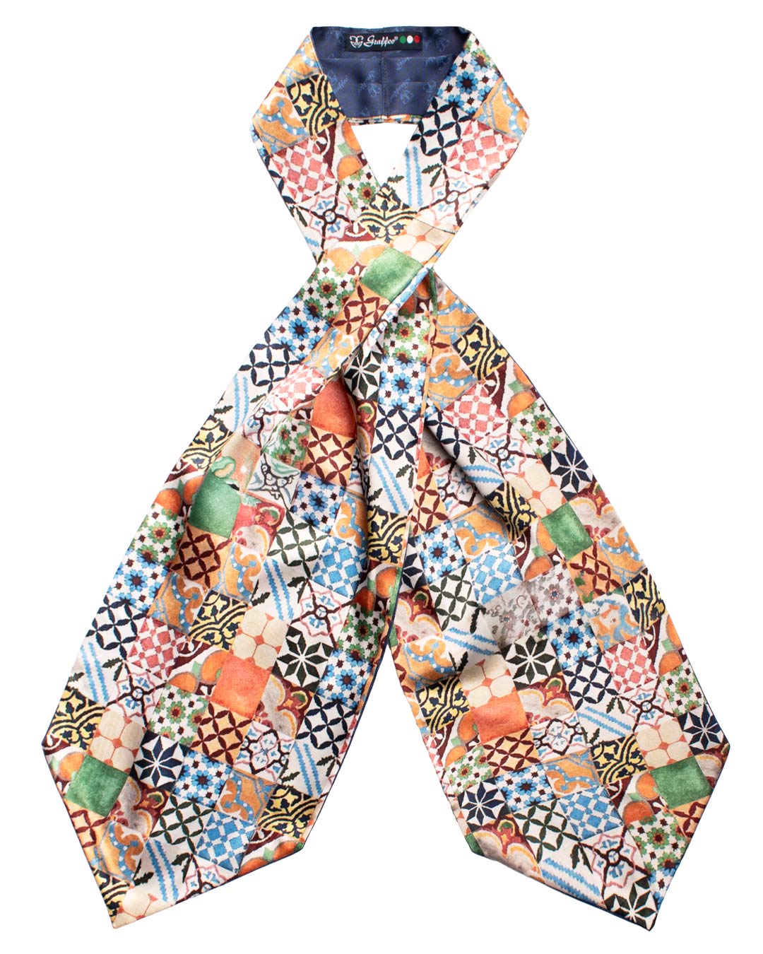 Ascot Siciliano Stampa di Raso con Maioliche Multicolor AS226 Made in Italy Graffeo Cravatte Intera