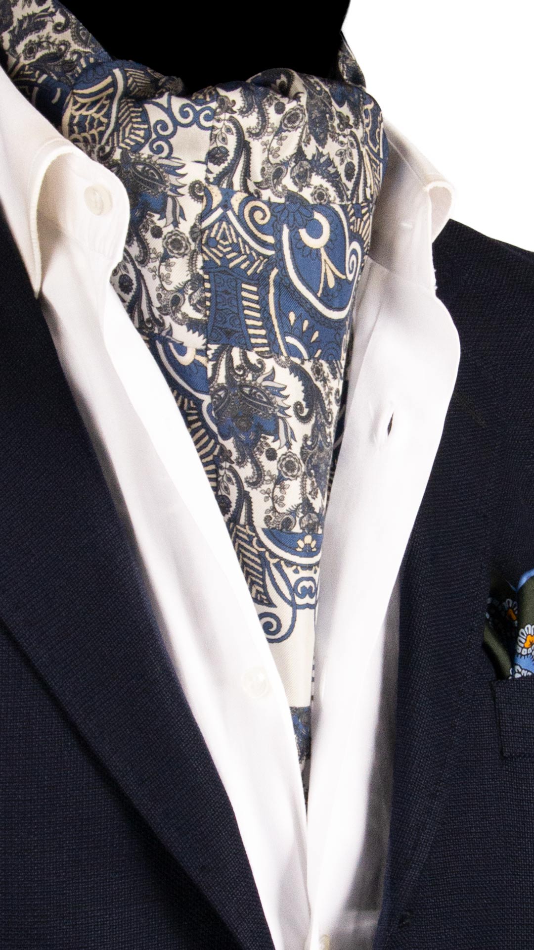 Ascot-Stampa-di-Seta-Bianco-Vintage-Patchwork-Paisley-Celeste-Grigio-AP73