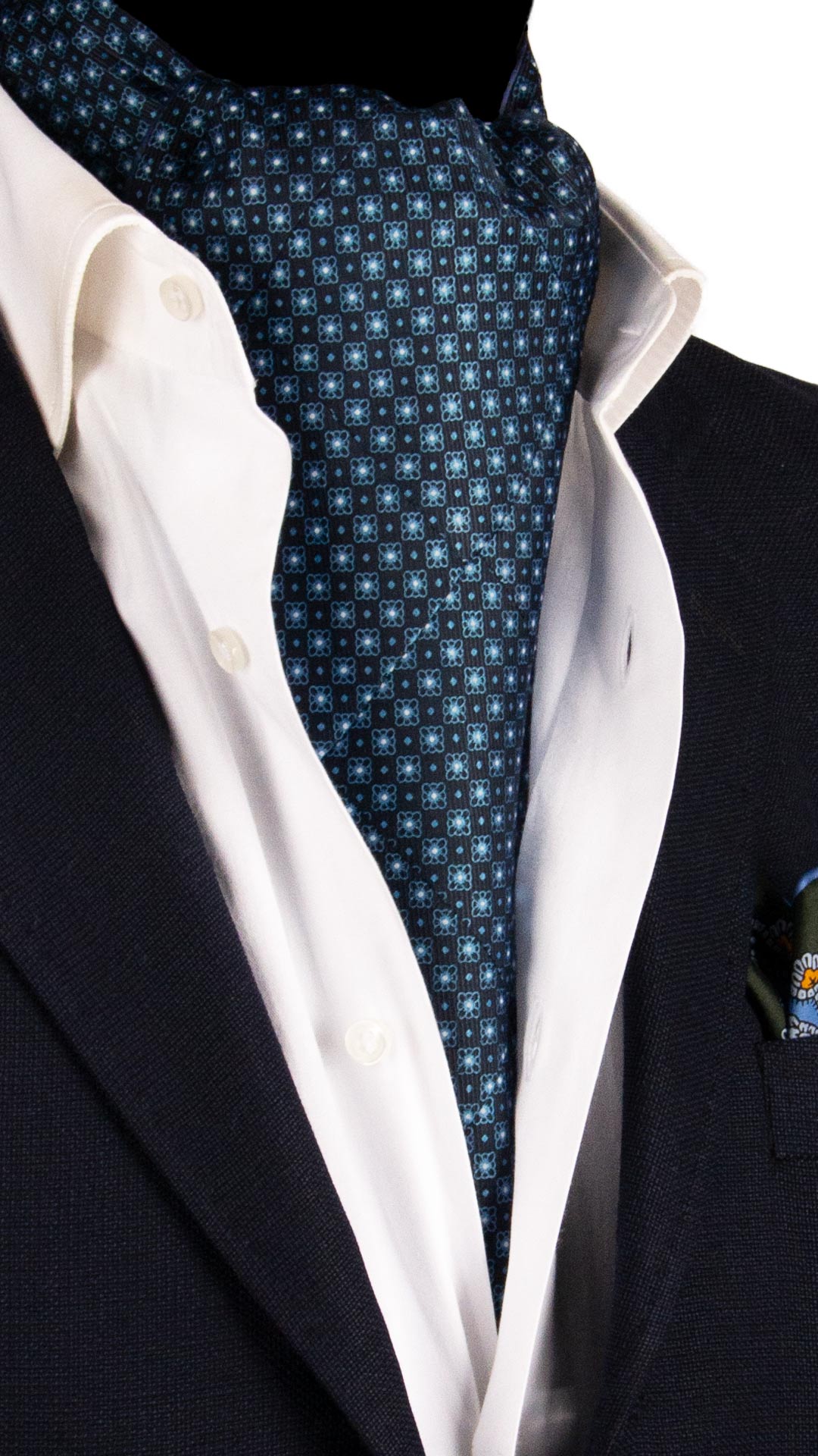 Ascot-Stampa-di-Seta-Blu-Notte-Vintage-Patchwork-Fantasia-Azzura-Bianca-AP113