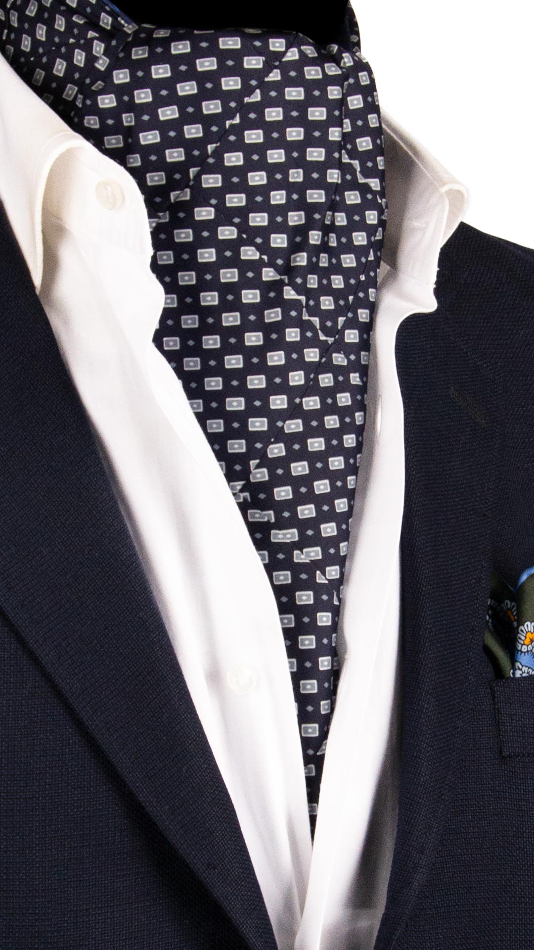 Ascot-Stampa-di-Seta-Blu-Notte-Vintage-Patchwork-Fantasia-Grigio-Bianco-AP96