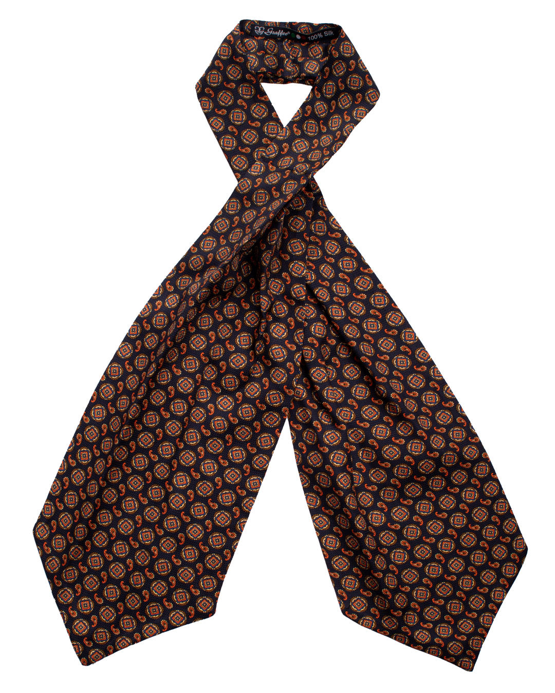 Ascot Stampa di Seta Blu Paisley Arancione Giallo MArrone AS103 Fronte