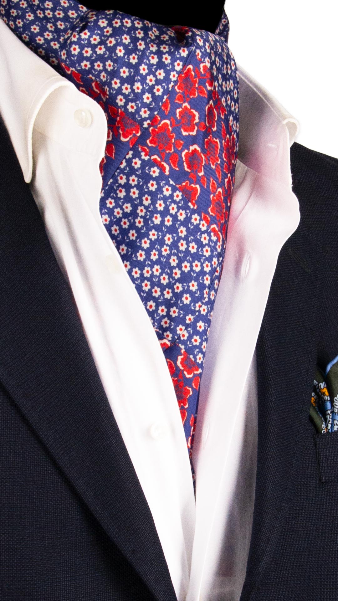 Ascot-Stampa-di-Seta-Bluette-Vintage-Patchwork-a-Fiori-Rossi-Bianchi-AP67