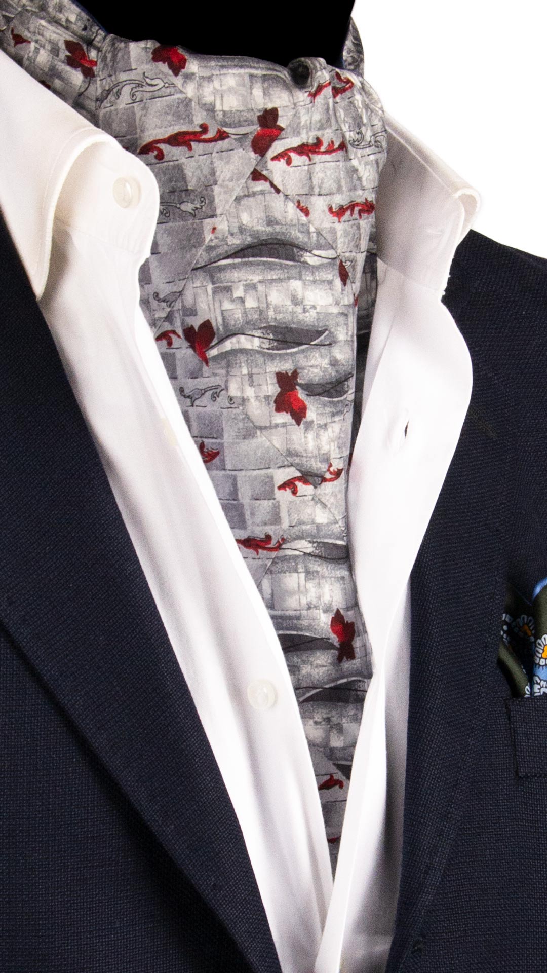 Ascot-Stampa-di-Seta-Grigio-Argento-Vintage-Patchwork-Fantasia-Rossa-Nera-AP101