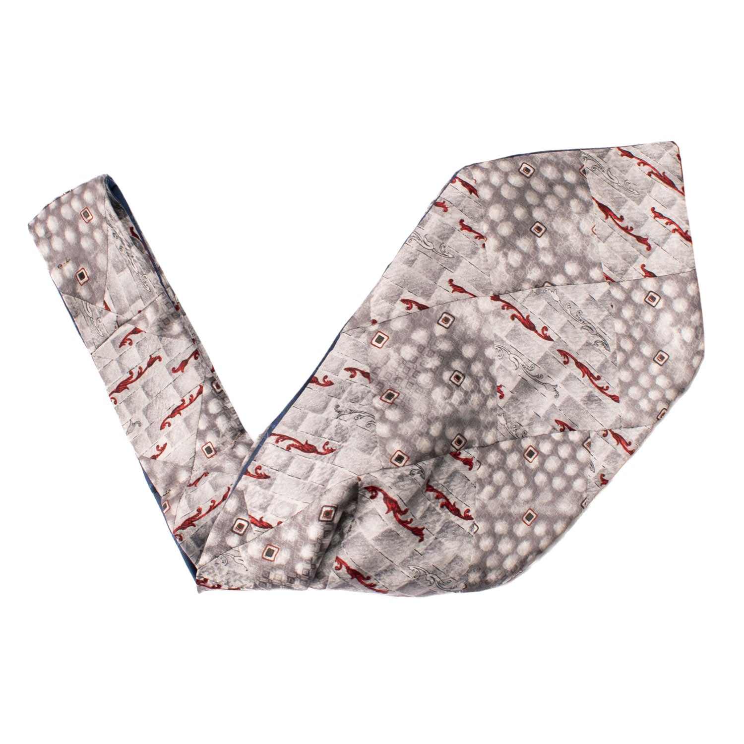 Ascot-Stampa-di-Seta-Grigio-Argento-Vintage-Patchwork-Fantasia-Rossa-Nera- AP62
V