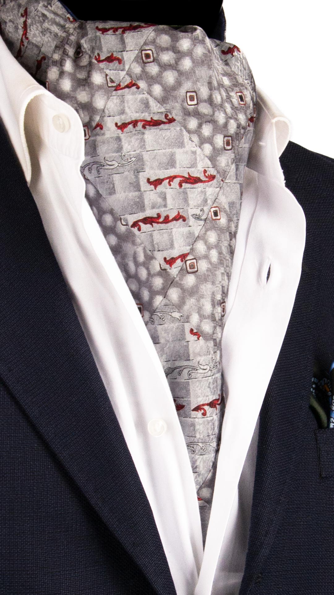 Ascot-Stampa-di-Seta-Grigio-Argento-Vintage-Patchwork-Fantasia-Rossa-Nera- AP62