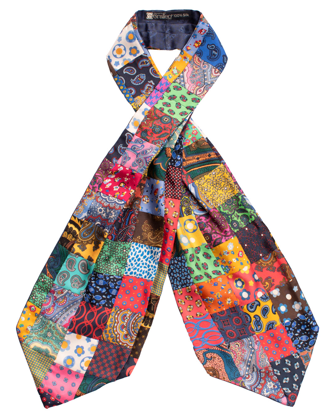 Ascot Stampa di Seta Vintage Patchwork Fantasia Multicolor AP117 Made in Italy Graffeo Cravatte Intera