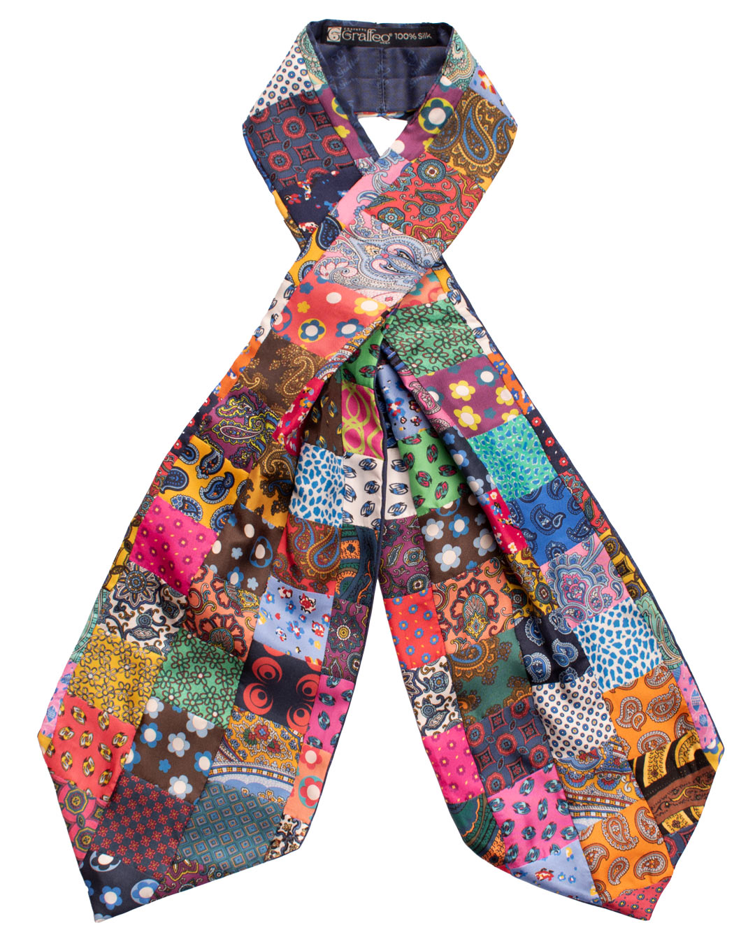 Ascot Stampa di Seta Vintage Patchwork Fantasia Multicolor AP118 Made in Italy Graffeo Cravatte Intera