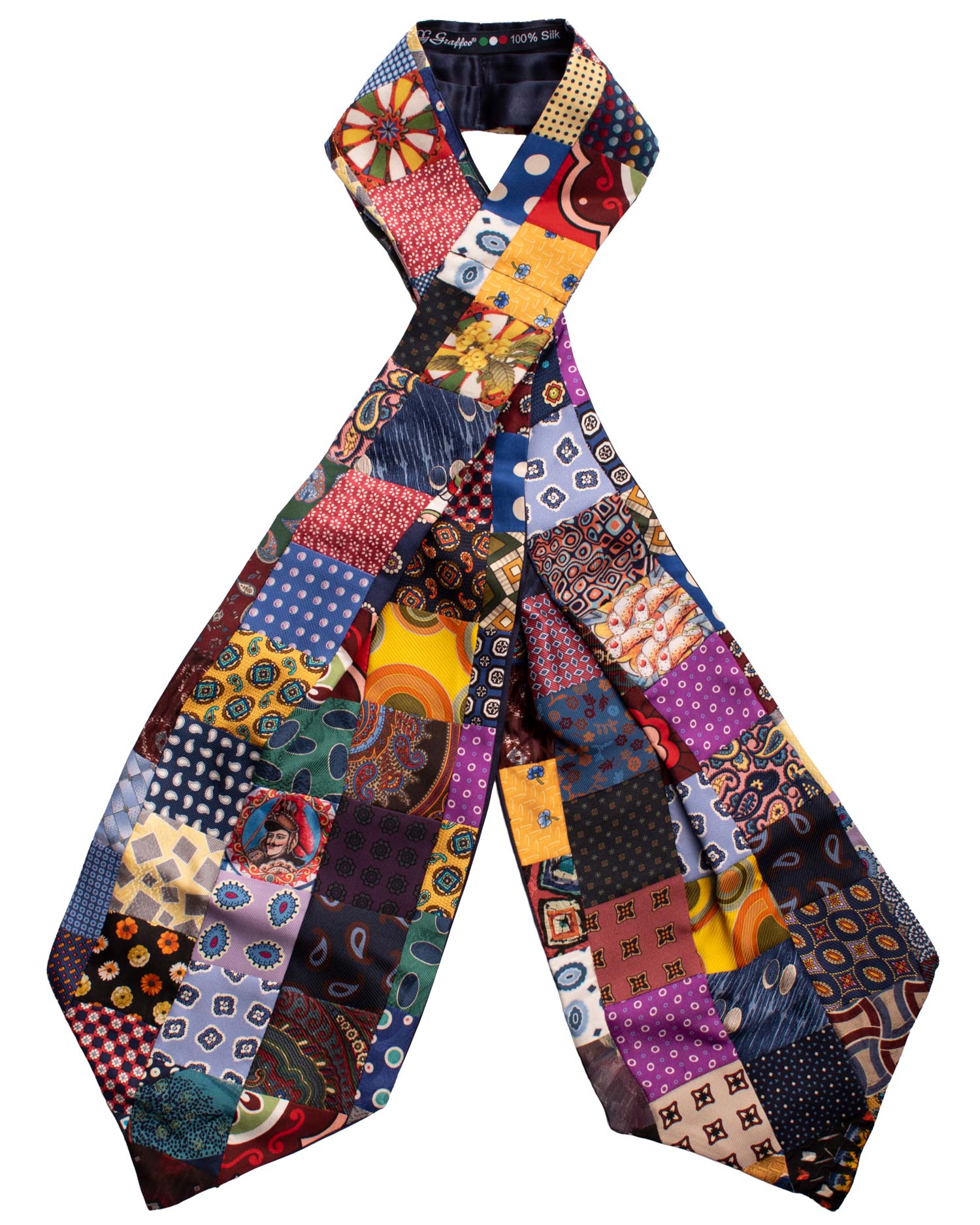 Ascot Stampa di Seta Vintage Patchwork Fantasia Multicolor AP38 Intera Made in Italy Graffeo Cravatte