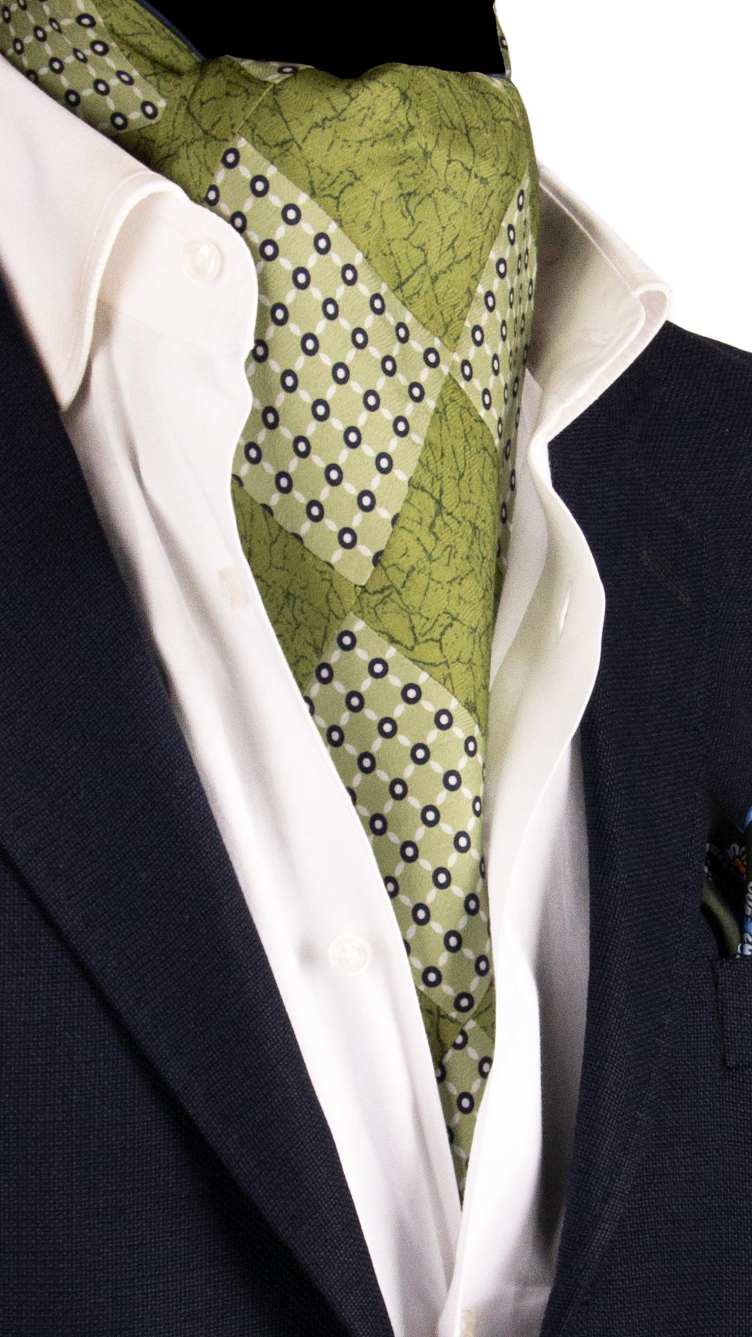 Ascot-Stampa-di-Seta-Verde-Vintage-Patchwork-Fantasia-Blu-Bianca-AP110