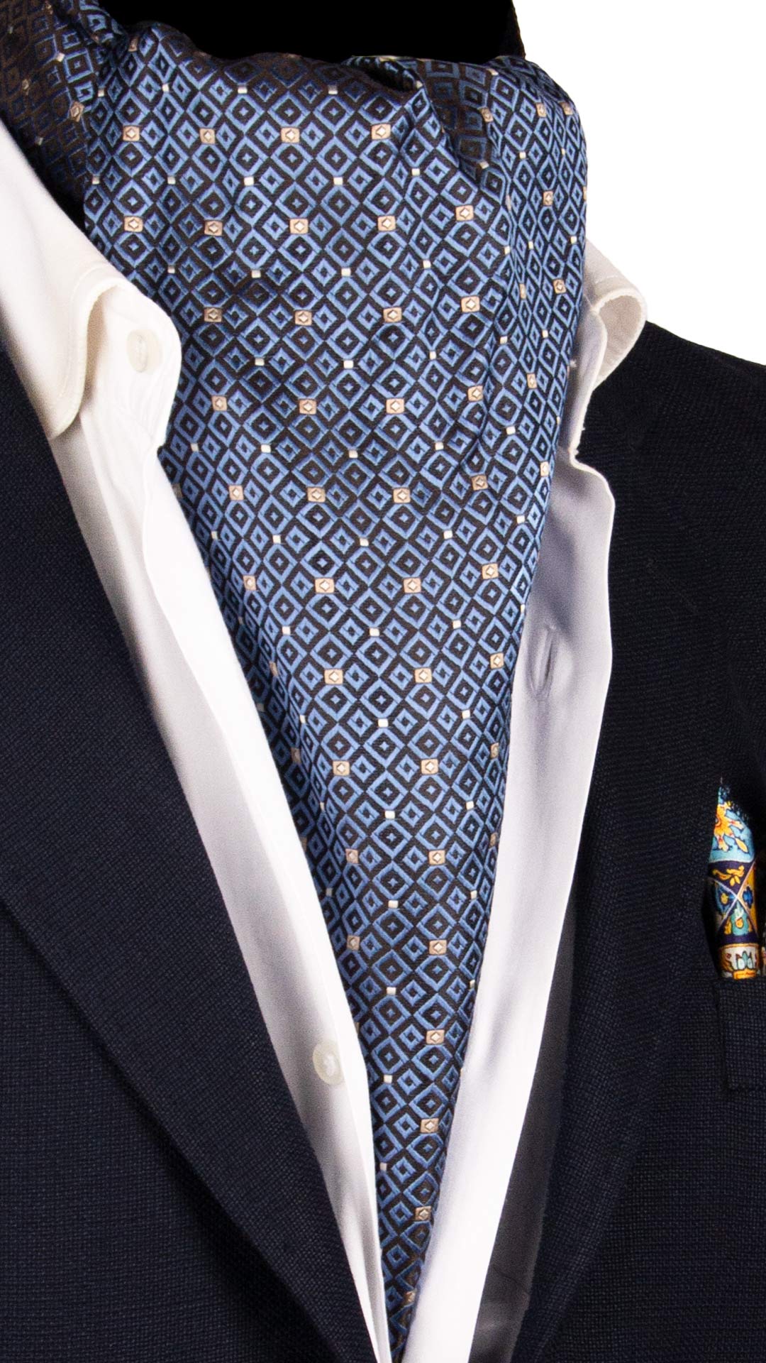 Ascot di Seta Tinto in Filo Double Celeste Marrone Fantasia Multicolor AS209 Graffeo Cravatte Made in Italy