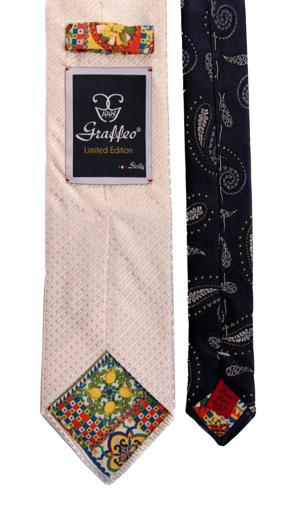 Cravatta Cerimonia Bianco Perla Nodo in Contrasto Blu Fantasia Color Champagne Made in Italy Graffeo Cravatte Pala