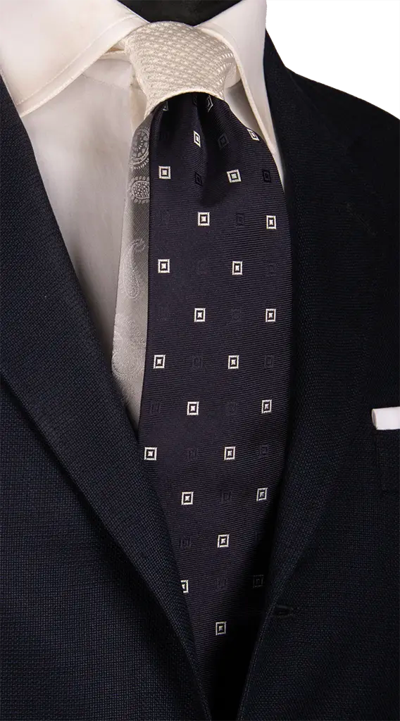 Cravatta Cerimonia Blu Fantasia Grigia Argento Nodo in Contrasto Bianco Perla Made in italy Graffeo Cravatte