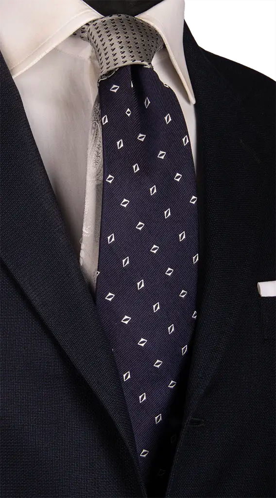 Cravatta Cerimonia Blu Fantasia Grigia Argento Nodo in Contrasto Grigio Argento Fantasia Blu Made in Italy Graffeo Cravatte