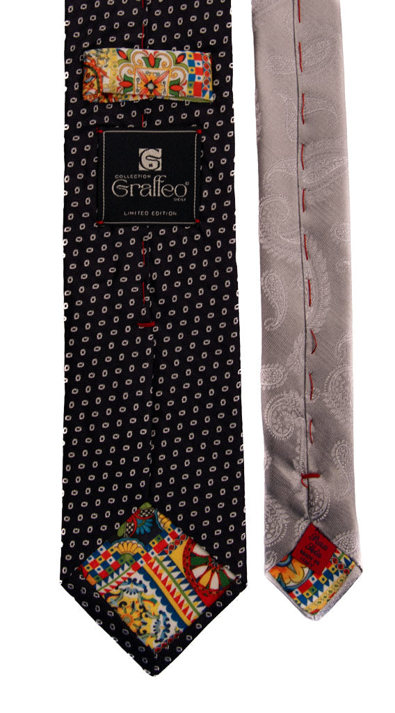 Cravatta Cerimonia Blu Fantasia Grigia Argento Nodo in Contrasto Grigio Argento Made in Italy Graffeo Cravatte Pala