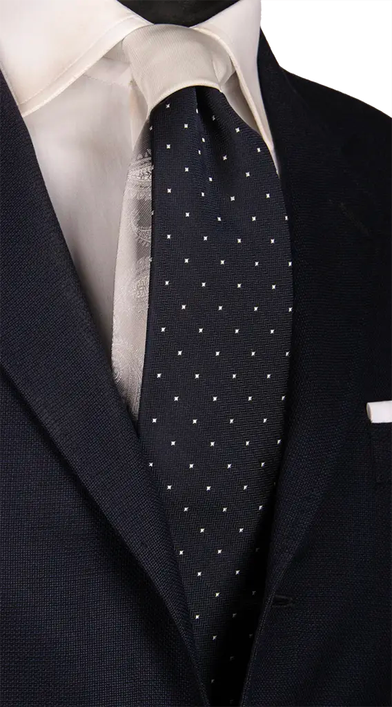 Cravatta Cerimonia Blu Fantasia Grigia Argento Nodo in Contrasto Grigio Perla Made in Italy Graffeo Cravatte