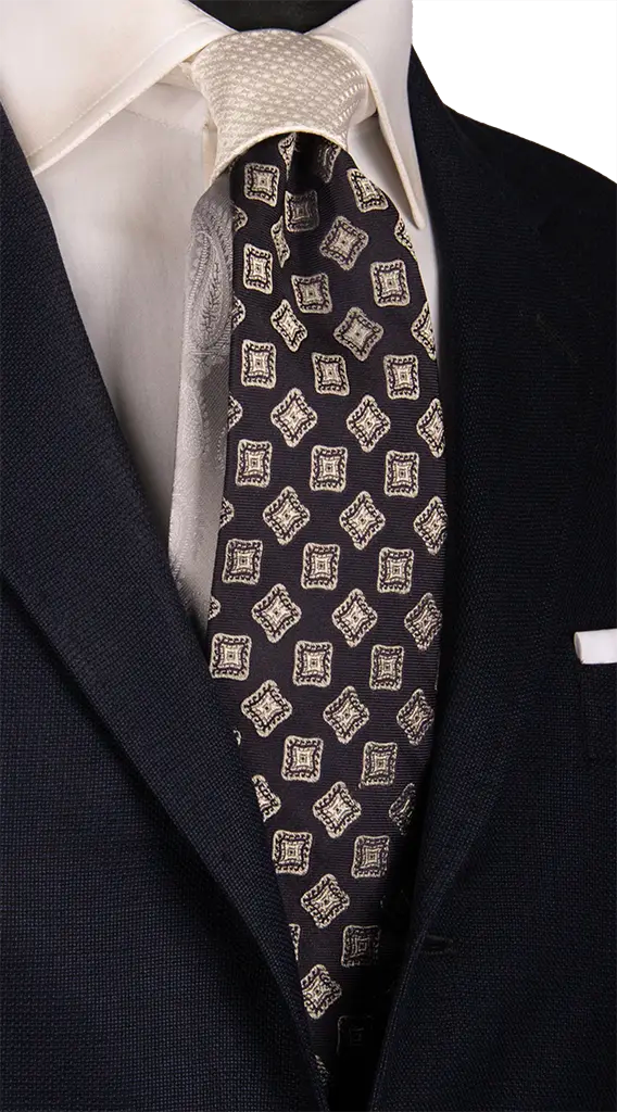 Cravatta Cerimonia Blu Fantasia Grigia Nodo in Contrasto Bianco Perla Made in Italy Graffeo Cravatte