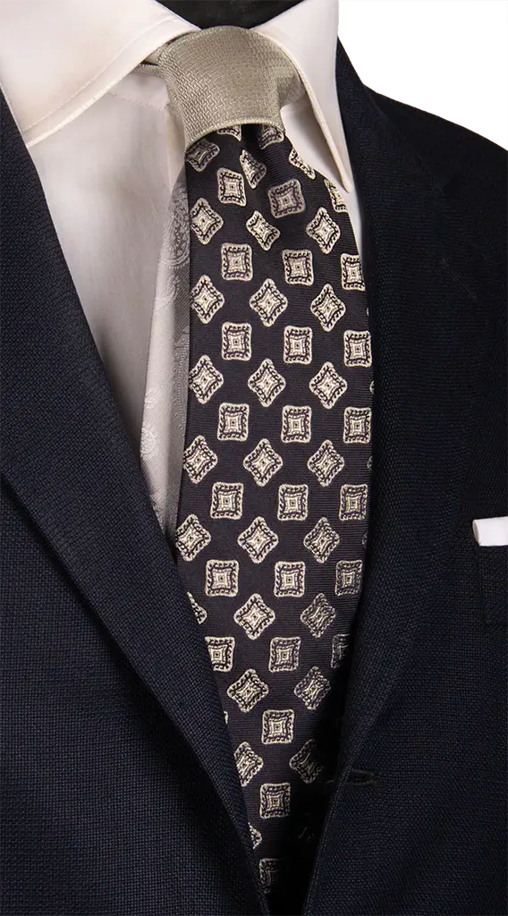 Cravatta Cerimonia Blu Fantasia Grigia Nodo in Contrasto Grigio Made in Italy Graffeo Cravatte