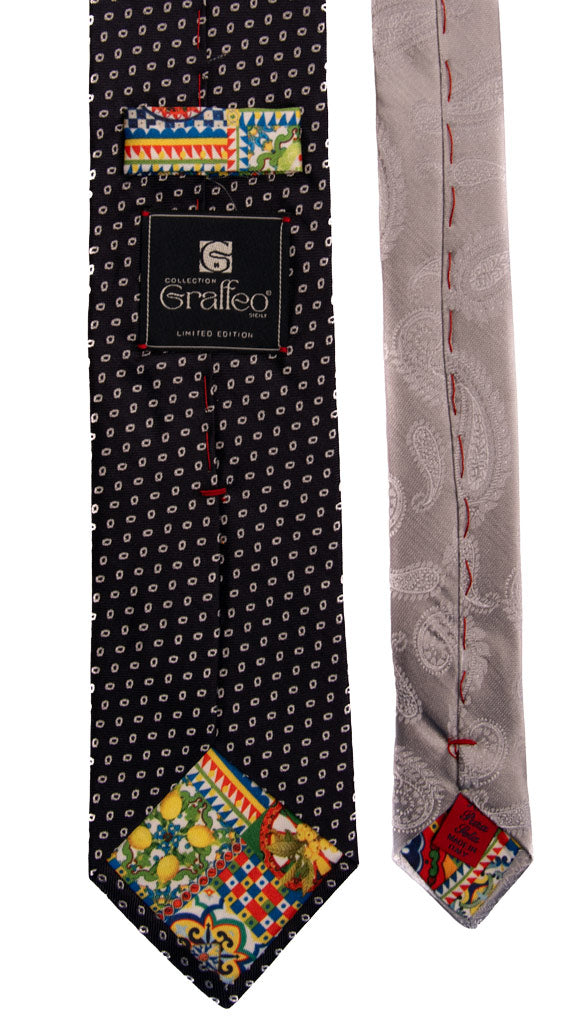 Cravatta Cerimonia Blu Fantasia Grigio Argento Nodo in Contrasto Grigio Argento Made in Italy Graffeo Cravatte Pala