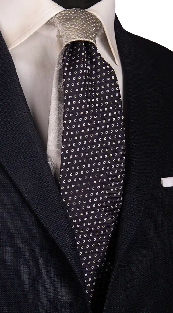 Cravatta Cerimonia Blu Fantasia Grigio Argento Nodo in Contrasto Grigio Argento Made in Italy Graffeo Cravatte