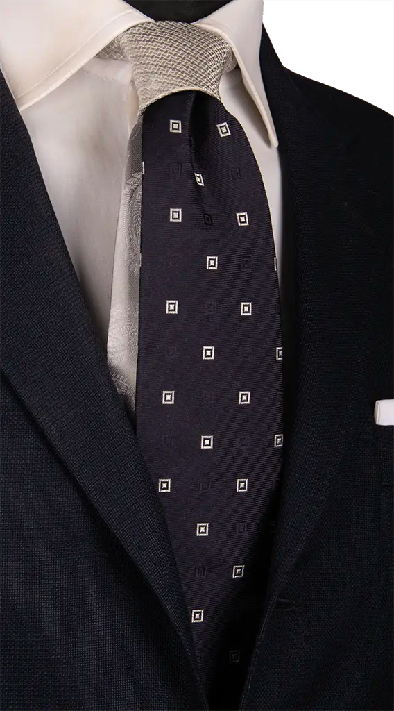 Cravatta Cerimonia Blu Fantasia Grigio Argento Nodo in Contrasto Grigio Argento Fantasia Made in Italy Graffeo Cravatte