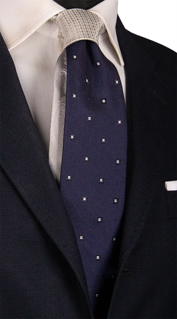 Cravatta Cerimonia Blu Navy Fantasia Grigia Argento Nodo in Contrasto Grigio Argento Made in Italy Graffeo Cravatte