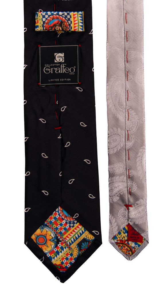 Cravatta Cerimonia Blu Paisley Grigio Argento Nodo in Contrasto Grigio Fantasia Blu Made in italy Graffeo Cravatte Pala