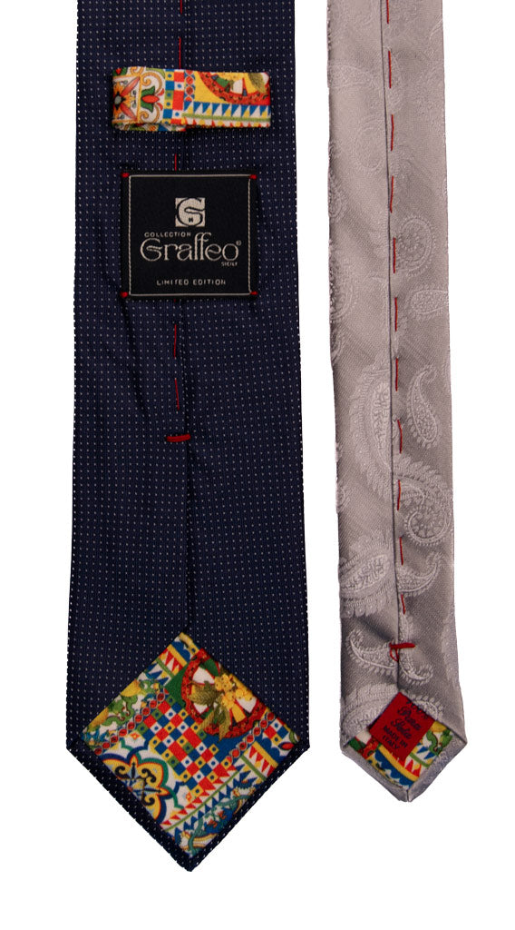 Cravatta Cerimonia Blu Punto a Spillo Grigio Argento Nodo in Contrasto Grigio Argento Fantasia Made in italy Graffeo Cravatte Pala