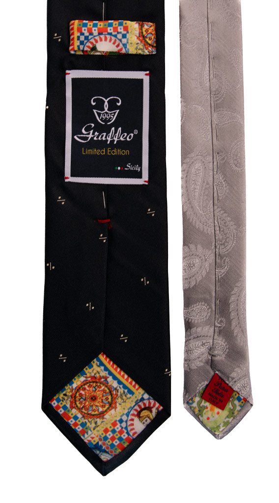 Cravatta Cerimonia Blu Scuro Fantasia Grigia Nodo in Contrasto Bianco Perla Made in Italy Graffeo Cravatte Pala