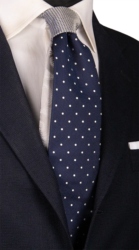 Cravatta Cerimonia Blu a Pois Grigio Argento Nodo in Contrasto Grigio Argento Blu Made in italy Graffeo Cravatte
