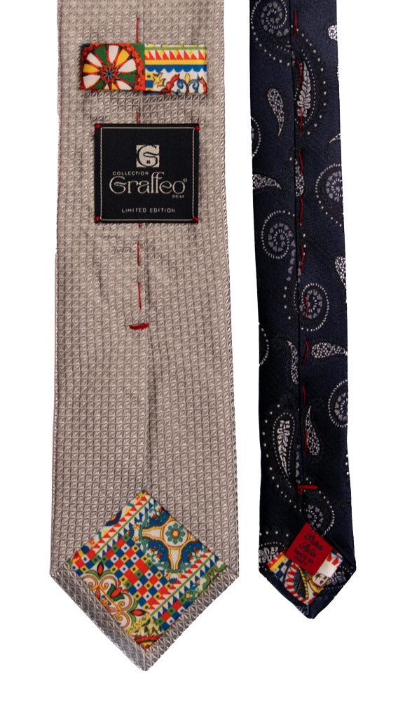 Cravatta Cerimonia Grigia Argento Fantasia Nodo in Contrasto Blu Grigio Made in italy Graffeo Cravatte Pala
