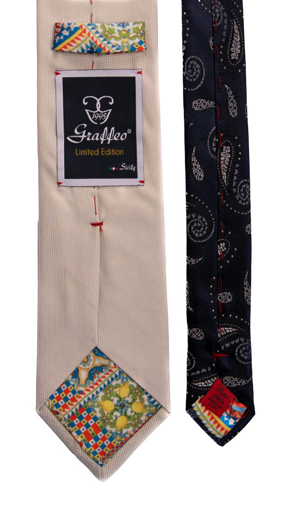 Cravatta Cerimonia Grigio Perla Nodo in Contrasto Blu Fantasia Grigio Argento Made in Italy Graffeo Cravatte Pala