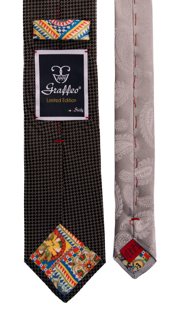 Cravatta Cerimonia Nera Fantasia Grigia Argento Nodo in Contrasto Grigio Argento Made in Italy Graffeo Cravatte Pala