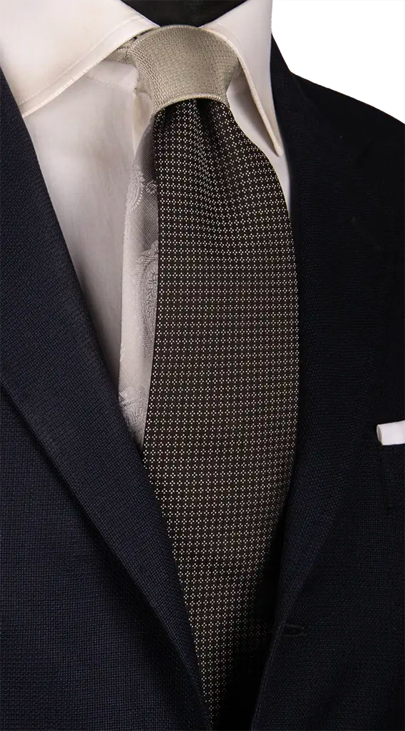 Cravatta Cerimonia Nera Fantasia Grigia Argento Nodo in Contrasto Grigio Argento Made in Italy Graffeo Cravatte