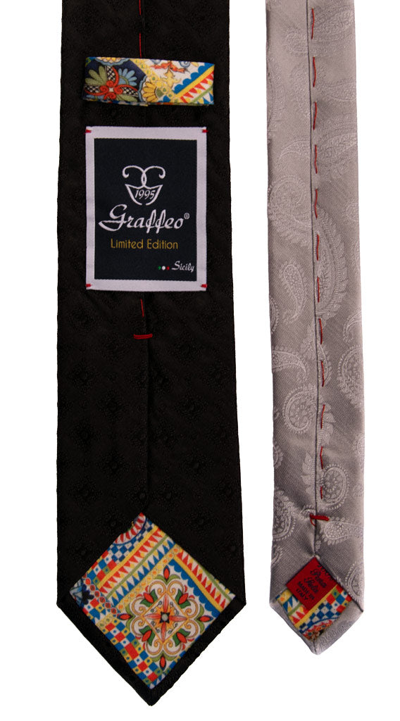 Cravatta Cerimonia Nera Fantasia Nodo in Contrasto Nero Fantasia Grigio Argento Made in italy Graffeo Cravatte Pala