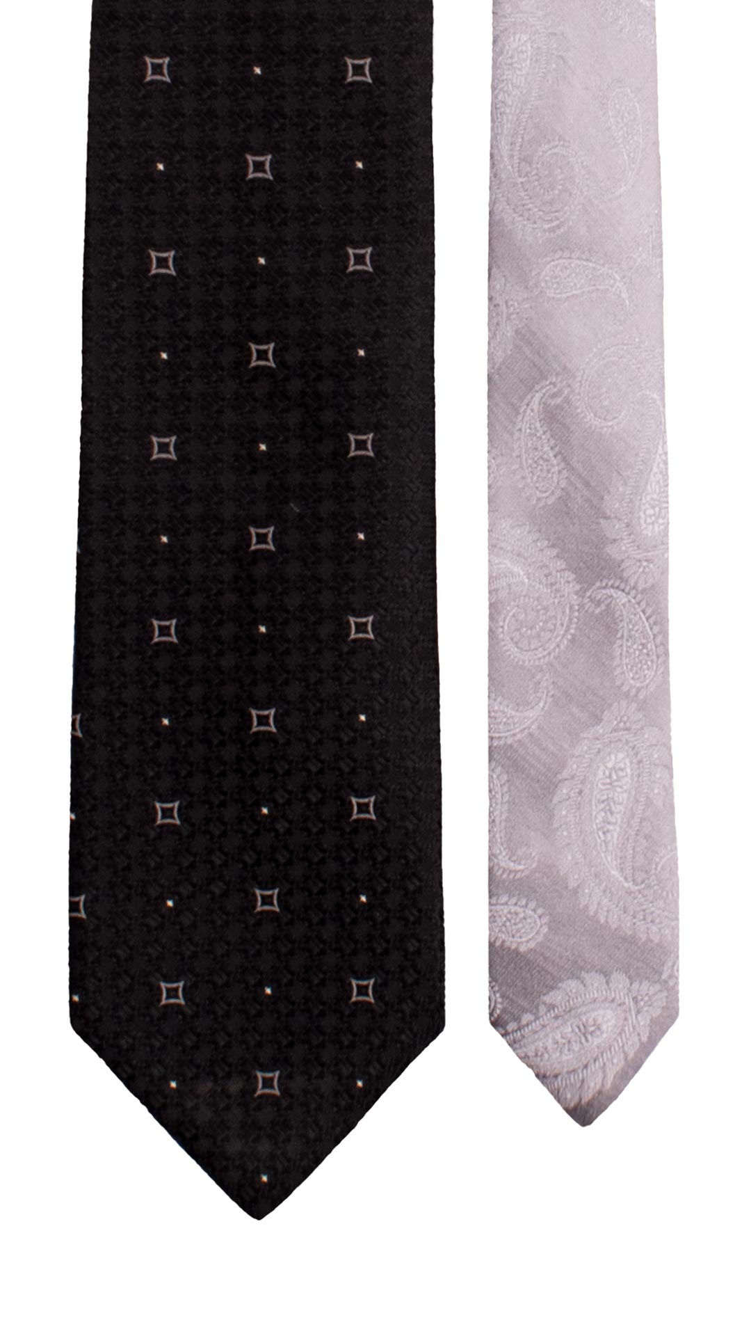 Cravatta Cerimonia di Seta Nera Fantasia Grigio Argento Bianco Nodo in Contrasto Grigio Argento Fantasia Tono su Tono N3346 Graffeo Cravatte Made in Italy Pala