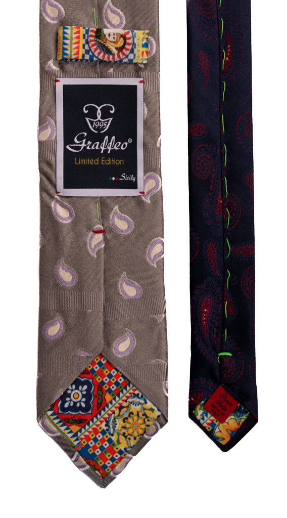 Cravatta Grigia Paisley Lilla Bianco Nodo in Contrasto Glicine Made in Italy Graffeo Cravatte Pala