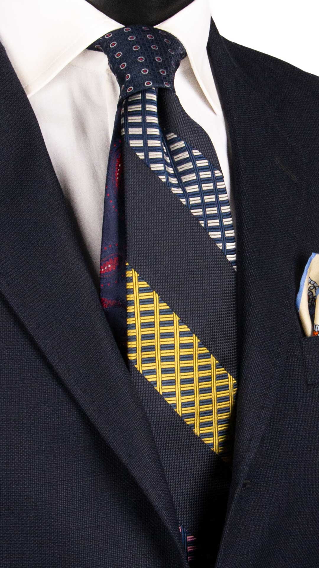 Cravatta-Mosaico-Patchwork-Regimental-di-Seta-Blu-Fantasia-Multicolor- PM1052