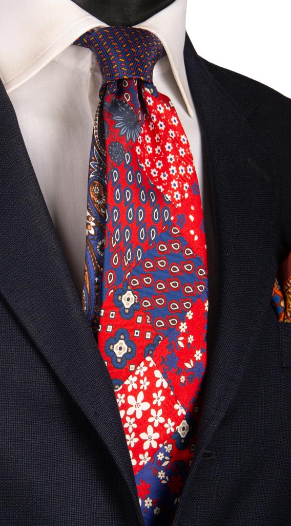 Man Mosaic Patchwork Red Deep Blue Printed Silk Tie Multicolor Pattern PM728