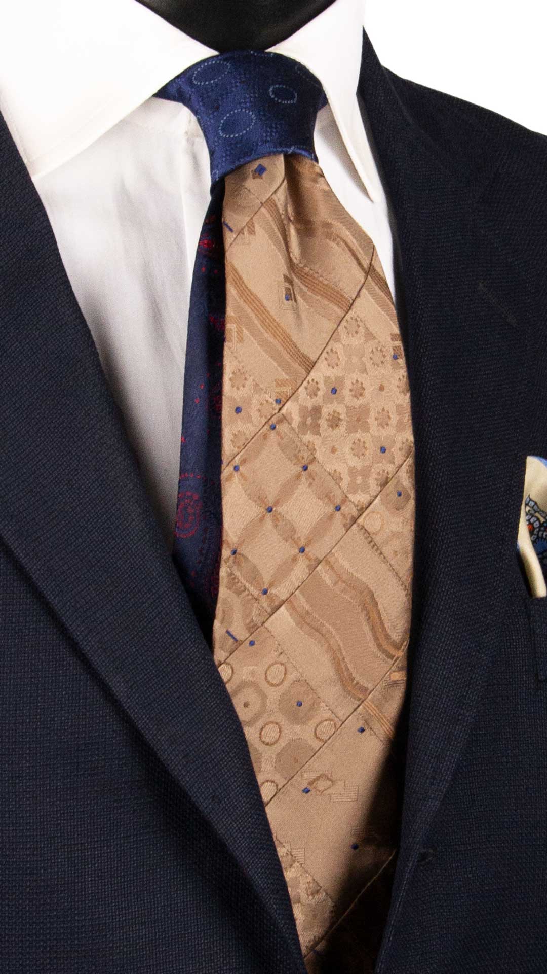 Cravatta-Mosaico-Patchwork-di-Seta-Beige-Scuro-Fantasia-Bluette- PM890