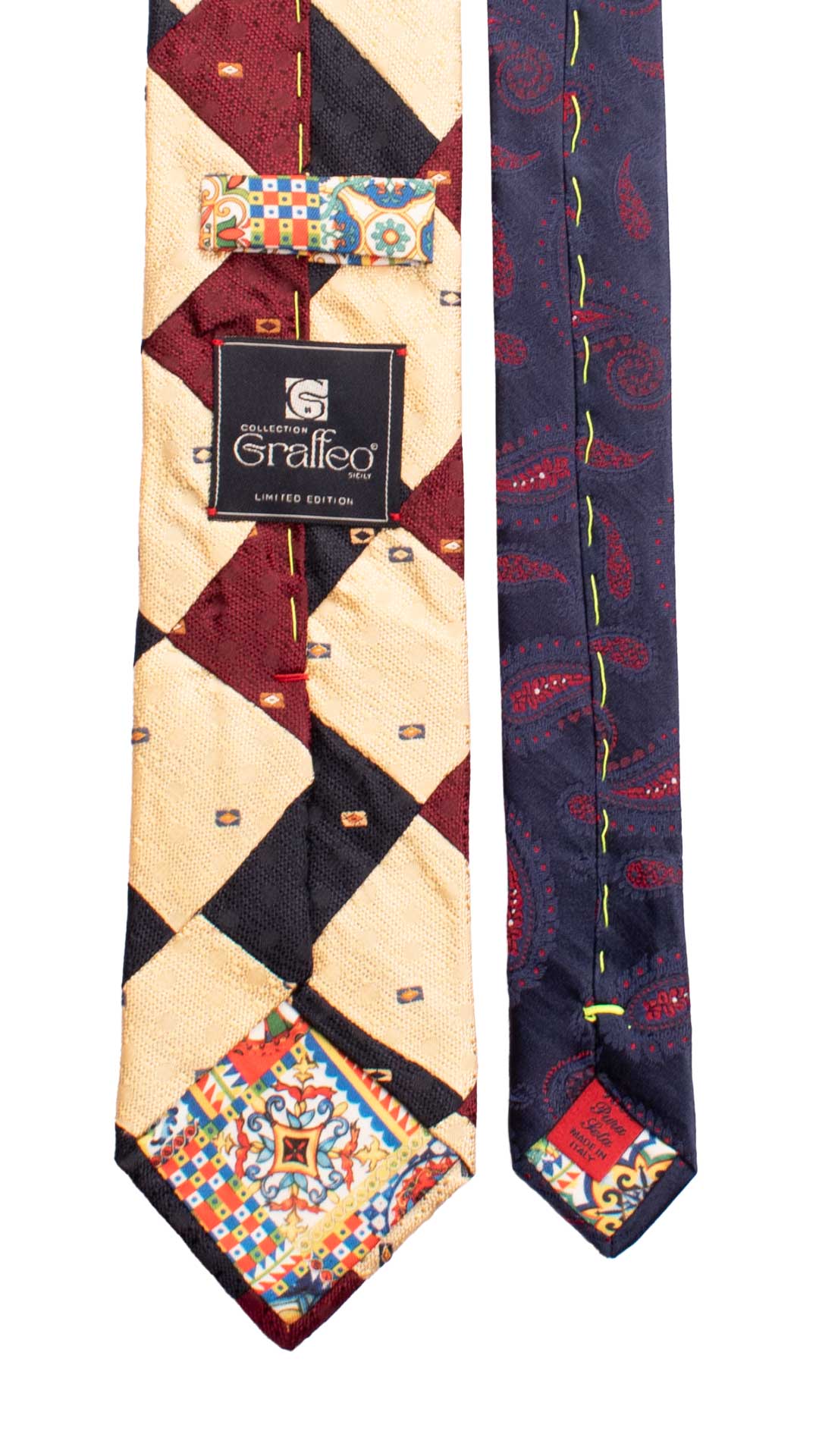 Cravatta-Mosaico-Patchwork-di-Seta-Blu-Bordeaux-Color-Champagne-Fantasia- PM1012
Pala