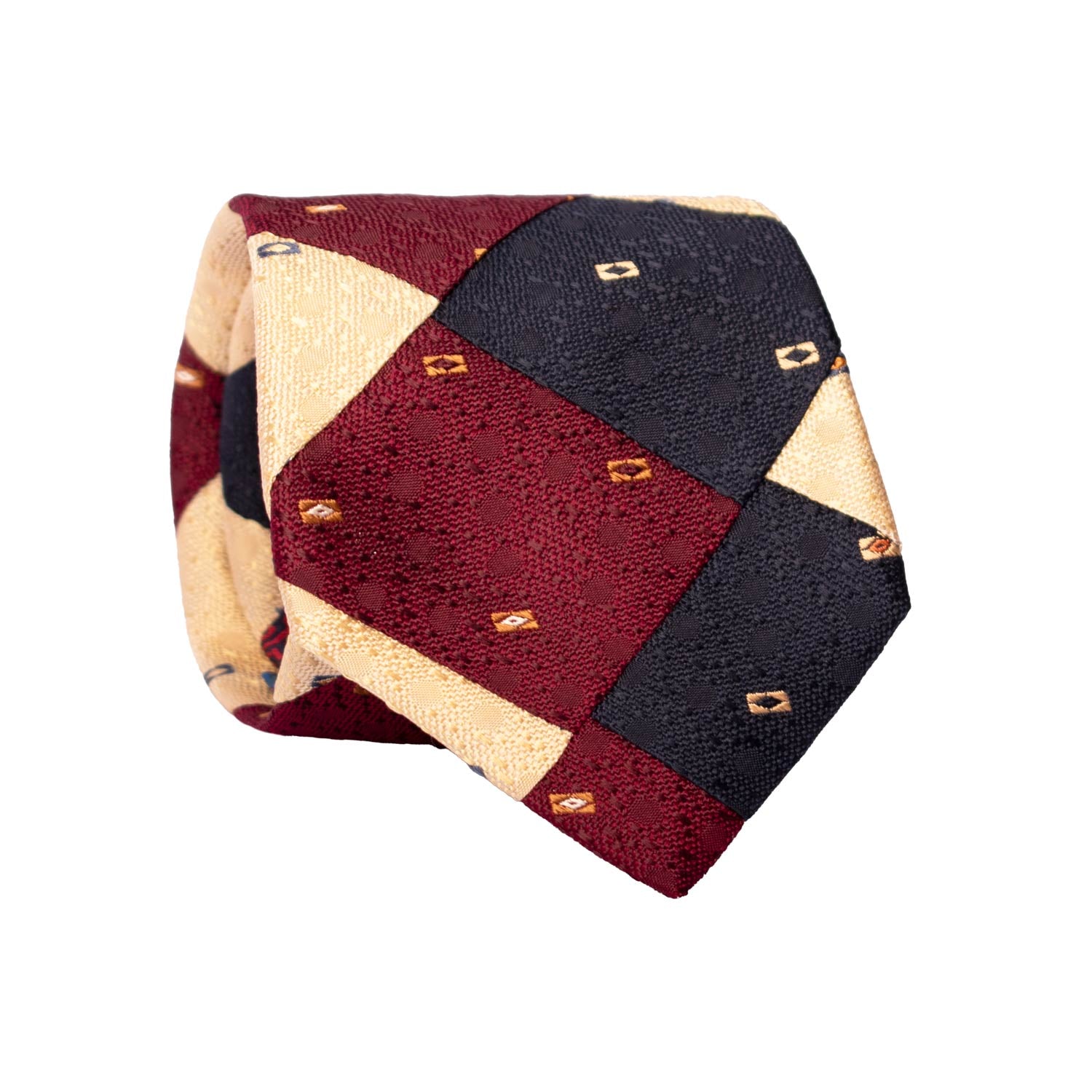 Cravatta-Mosaico-Patchwork-di-Seta-Blu-Bordeaux-Color-Champagne-Fantasia- PM1012
Rotolo
