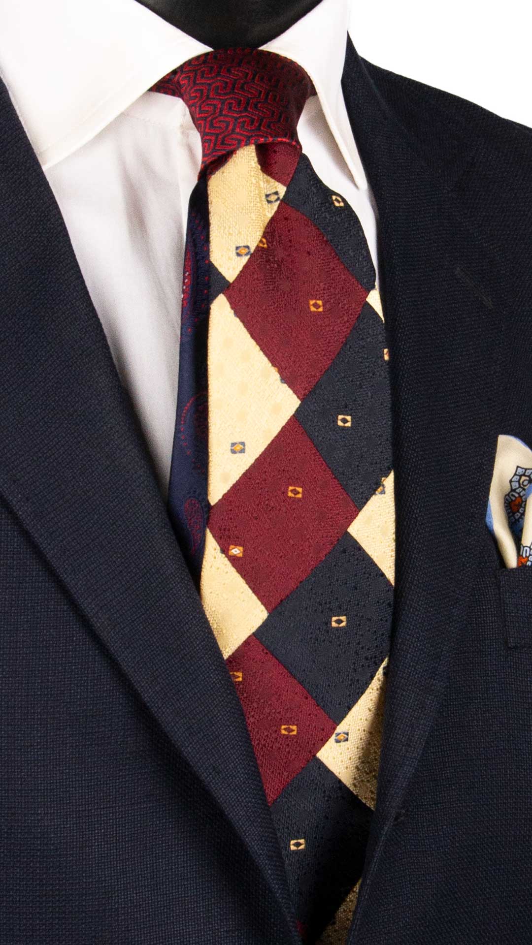 Cravatta-Mosaico-Patchwork-di-Seta-Blu-Bordeaux-Color-Champagne-Fantasia- PM1012