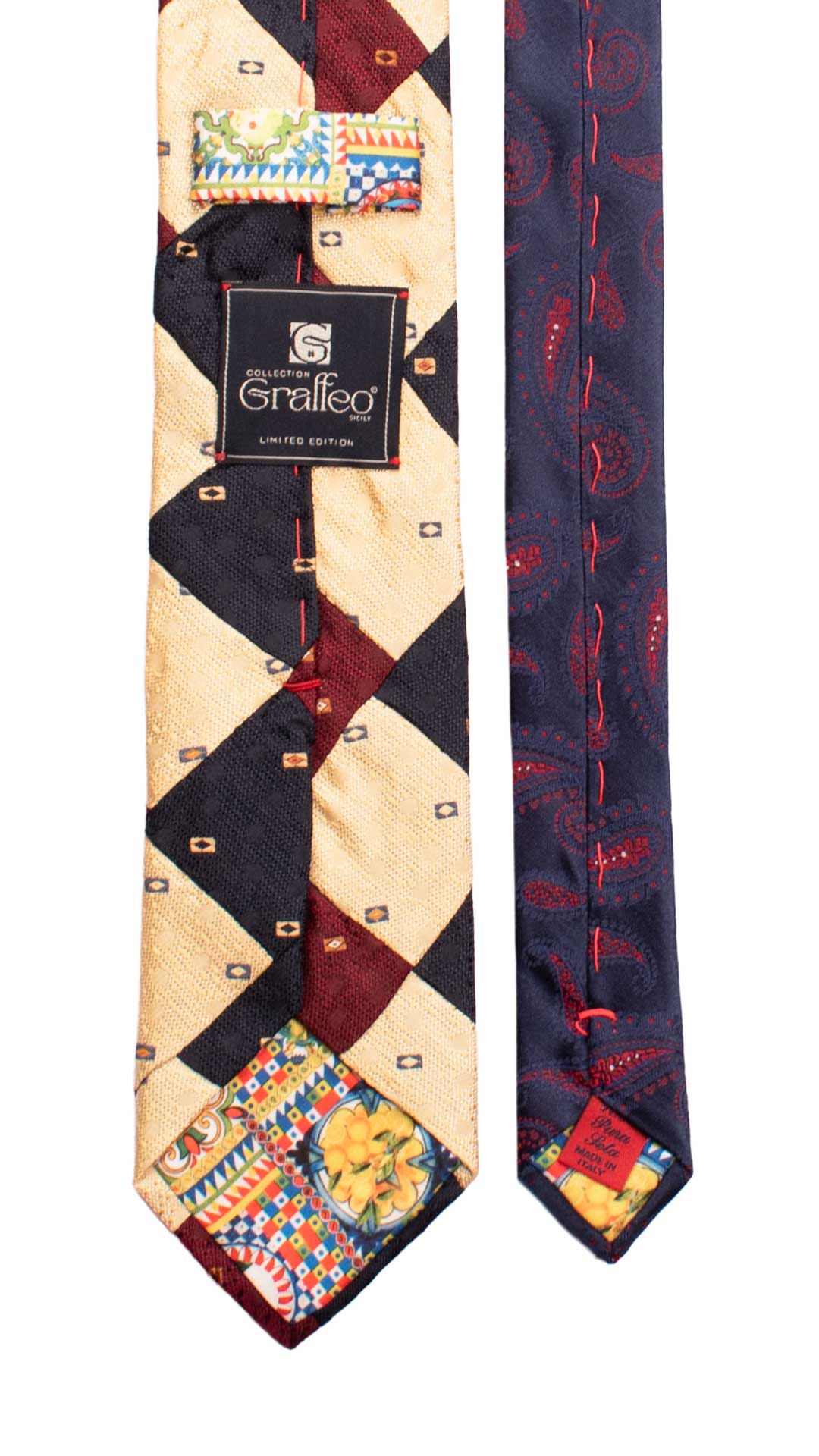 Cravatta-Mosaico-Patchwork-di-Seta-Blu-Bordeaux-Color-Champagne-Fantasia- PM983
Pala